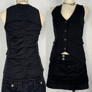 Black Wasitcoat Vest V-Neck Button Front Ruched Back Office Siren